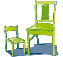 Grafik von zwei leeren grünen Stühlen. Einer der beiden ist ein Kinderstuhl.